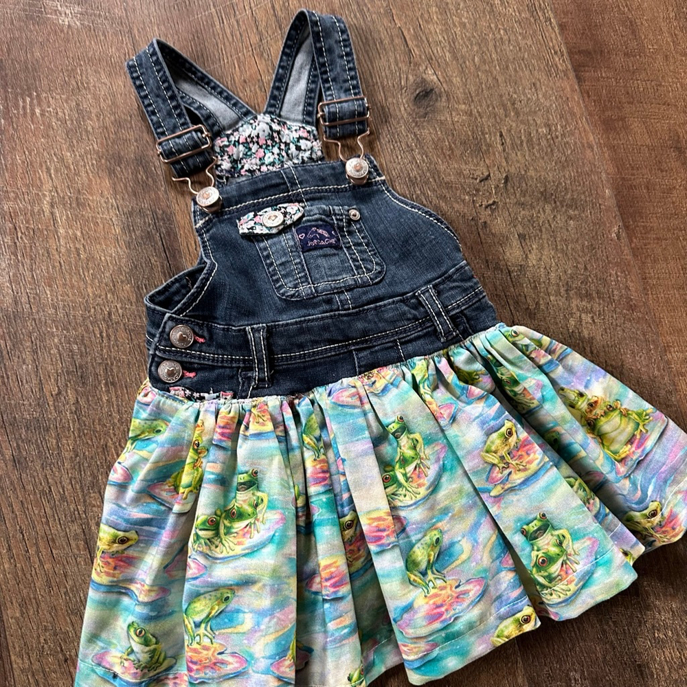 Baby Jordache Casual Denim tree Frog Print Dress 6-9 Months Blue Green